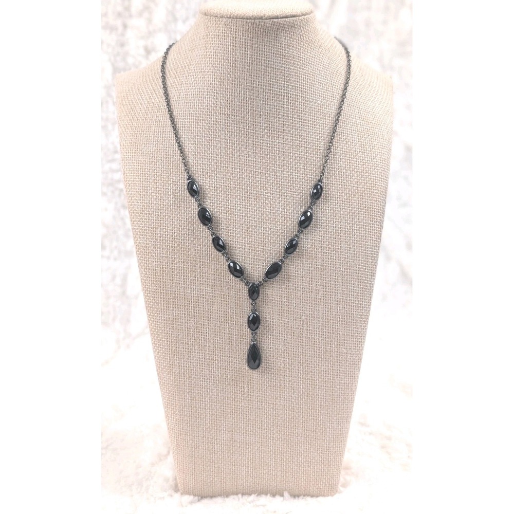 Vintage Crown Trifari Black Faceted Rhinestones Gunmetal Chain Y Drop Necklace